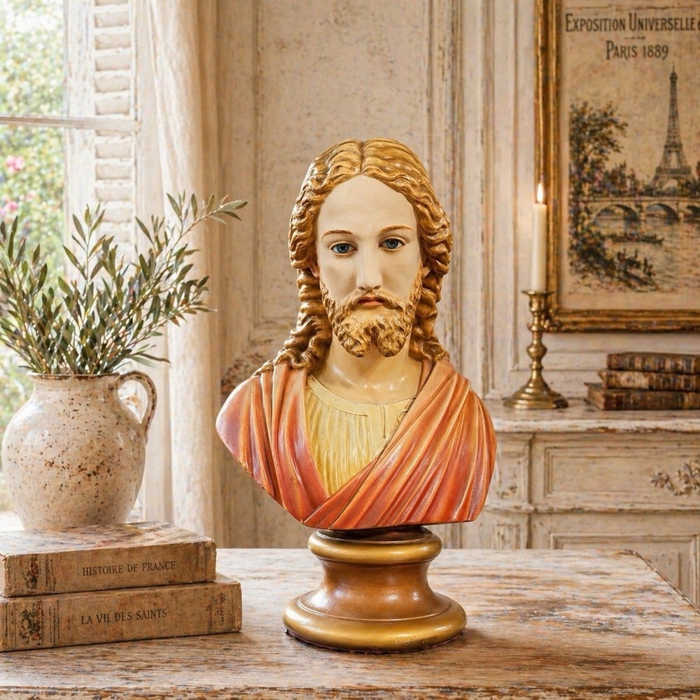 Large Vintage 1970s Jesus Christ Bust Chalkware Catholic Statue Gold